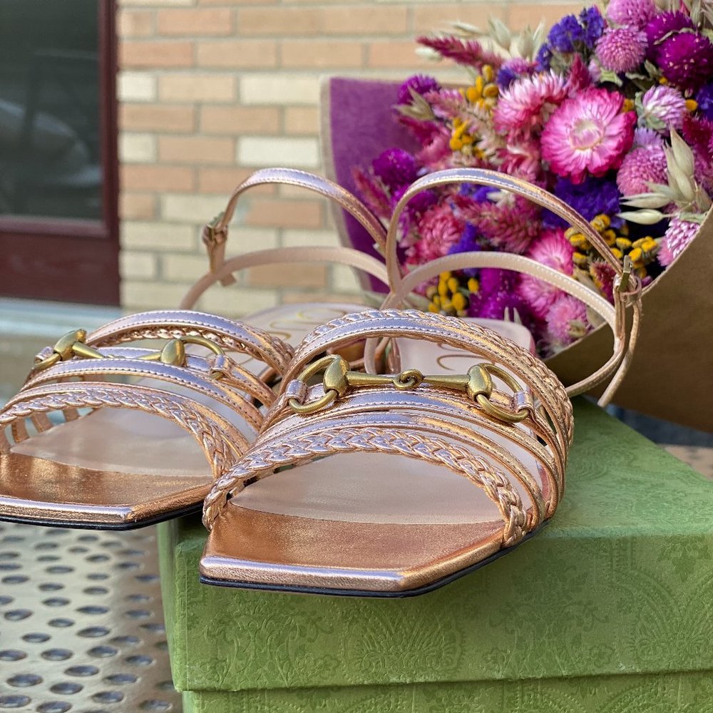 Gucci Horsebit Metallic Pink Leather Strap Sandals NEW IN BOX W SHOE BAGS